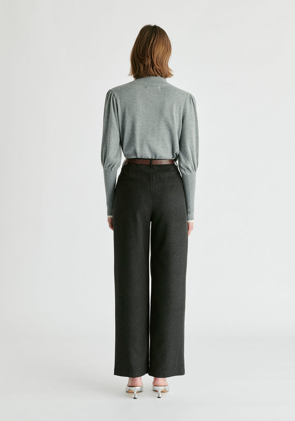 Belted Wide Leg Trousers with Box Pleats in Charcoal Back
